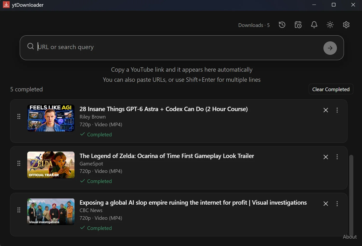 Interface do ytDownloader em modo escuro